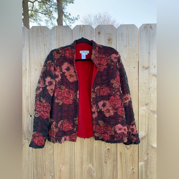 Coldwater Creek Floral Sheer-Overlay Open Front Jacket black‎ red petite medium - Picture 1 of 6